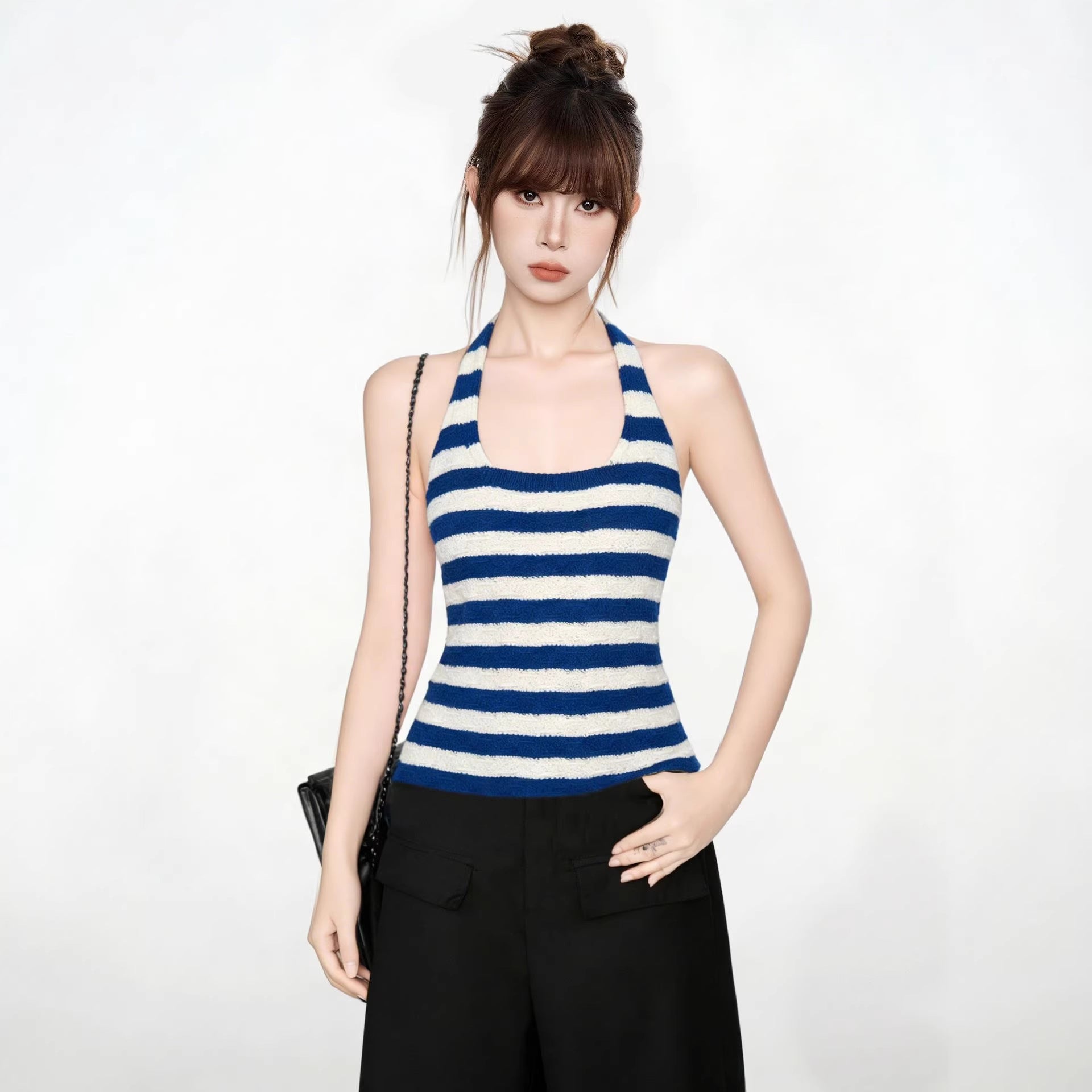 Blue and White Stripe Crop Top for Women, Knit Halter Neck Sleeveless Vest eprolo