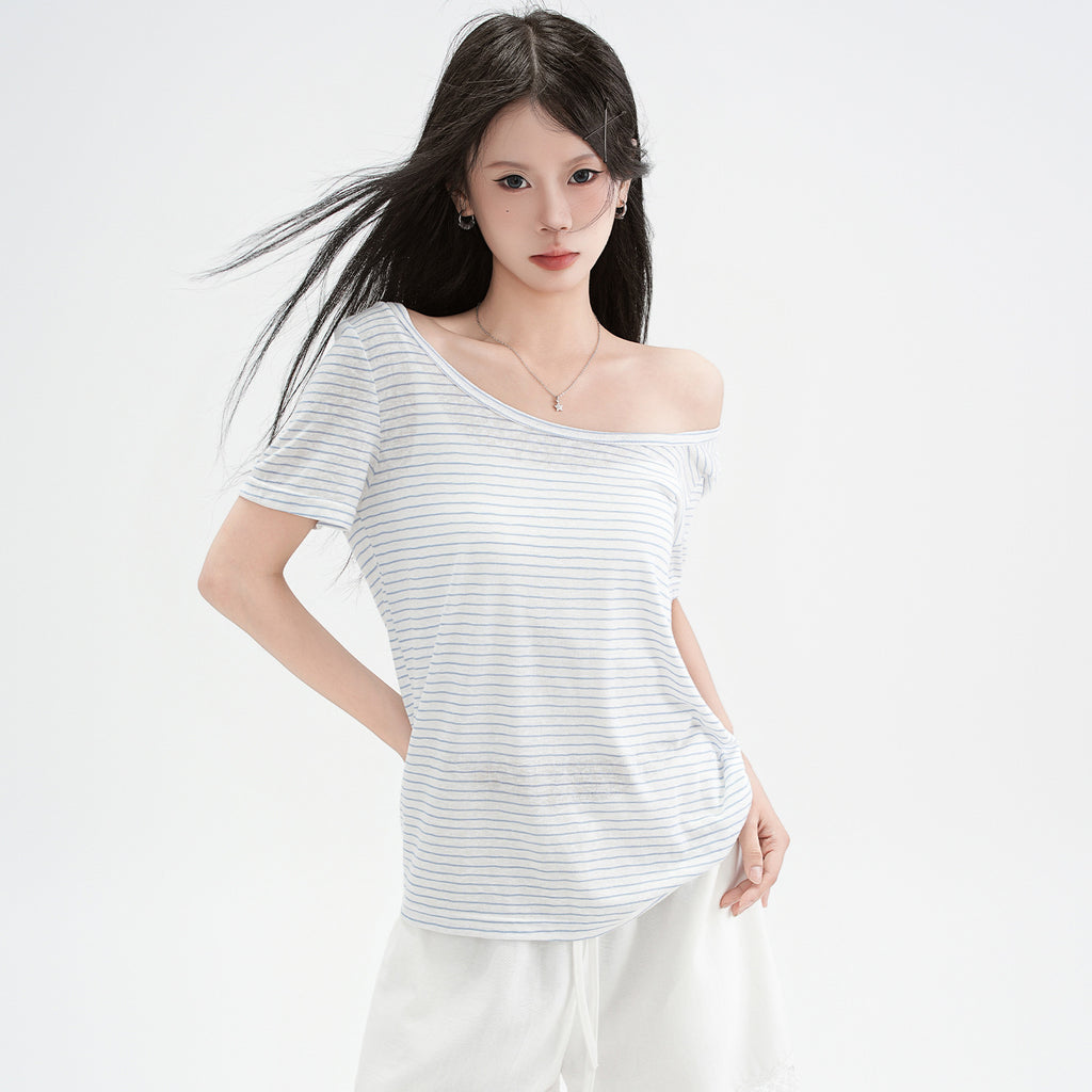 blue and white striped off-shoulder design short sleeve T-shirt for women eprolo