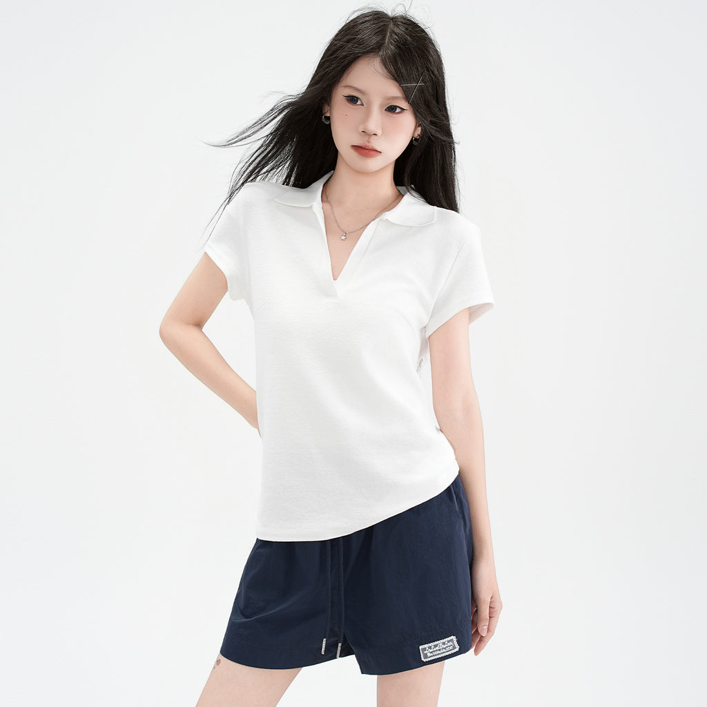 Chic Polo Collar Straight Shoulder Short Sleeve T-Shirt for Women eprolo