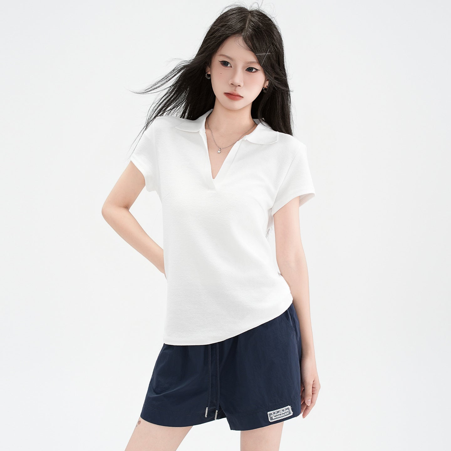 Chic Polo Collar Straight Shoulder Short Sleeve T-Shirt for Women eprolo