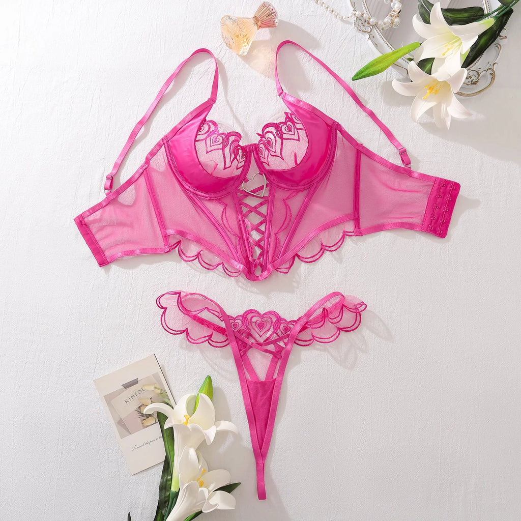 Love Embroidery Body shaping Bra Underwear Two piece Set Cross Tie Perspective Sexy Underwear Set for Women eprolo