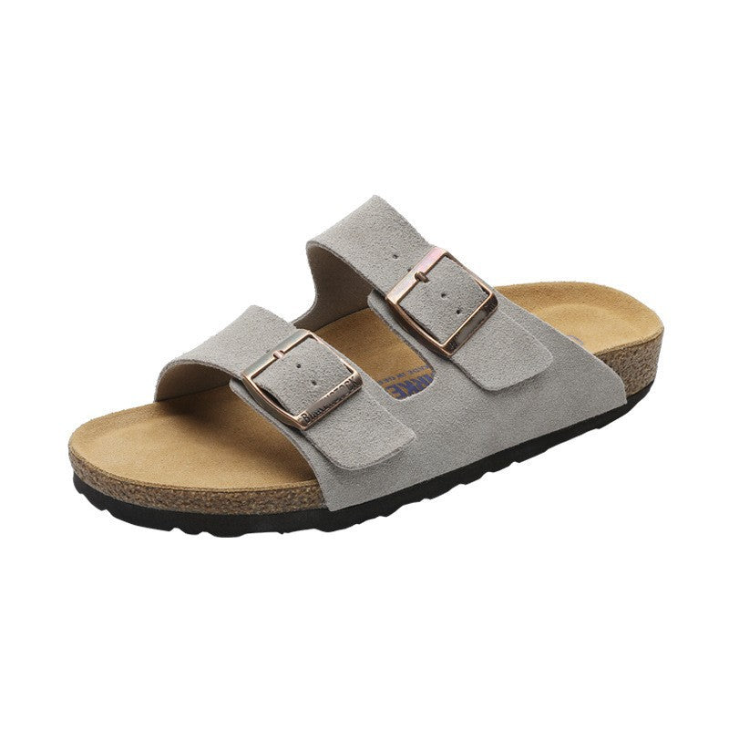 Leather flat bottomed Buchen slippers for women's doubles with button up two character slippers eprolo