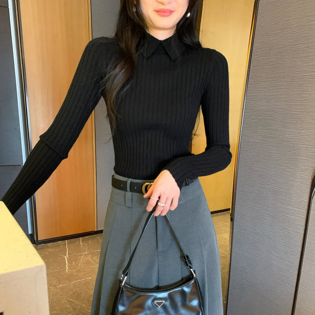 Pique Collar Slim Fit Inner Layer Apricot Knit Top for Women Polo Shirt Elegant Blouse eprolo