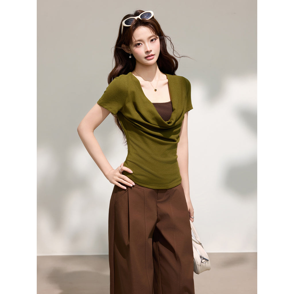 False Two-Piece Drape Neck Short Sleeve T-Shirt eprolo