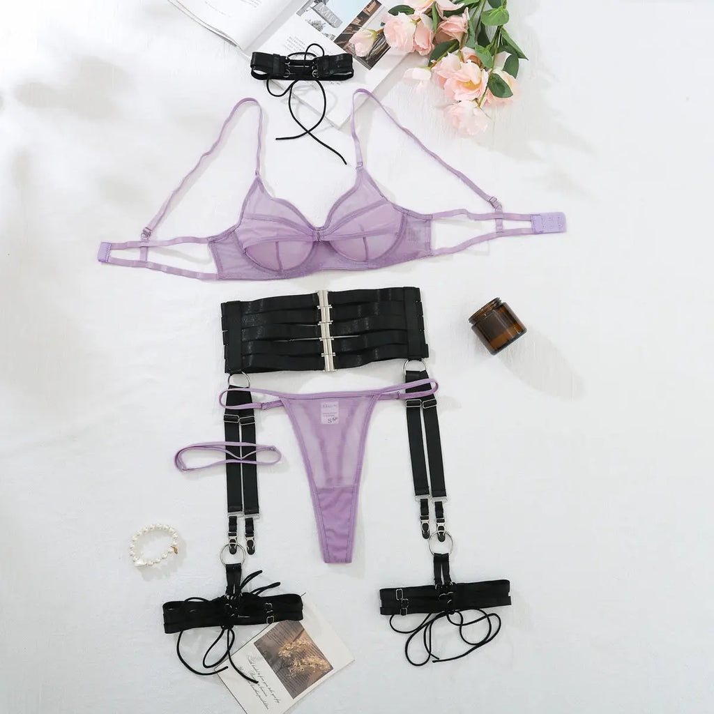 Sexy Underwear Set with Purple Splicing and Sexy Charm Underwear and Underwear Five Piece Set eprolo
