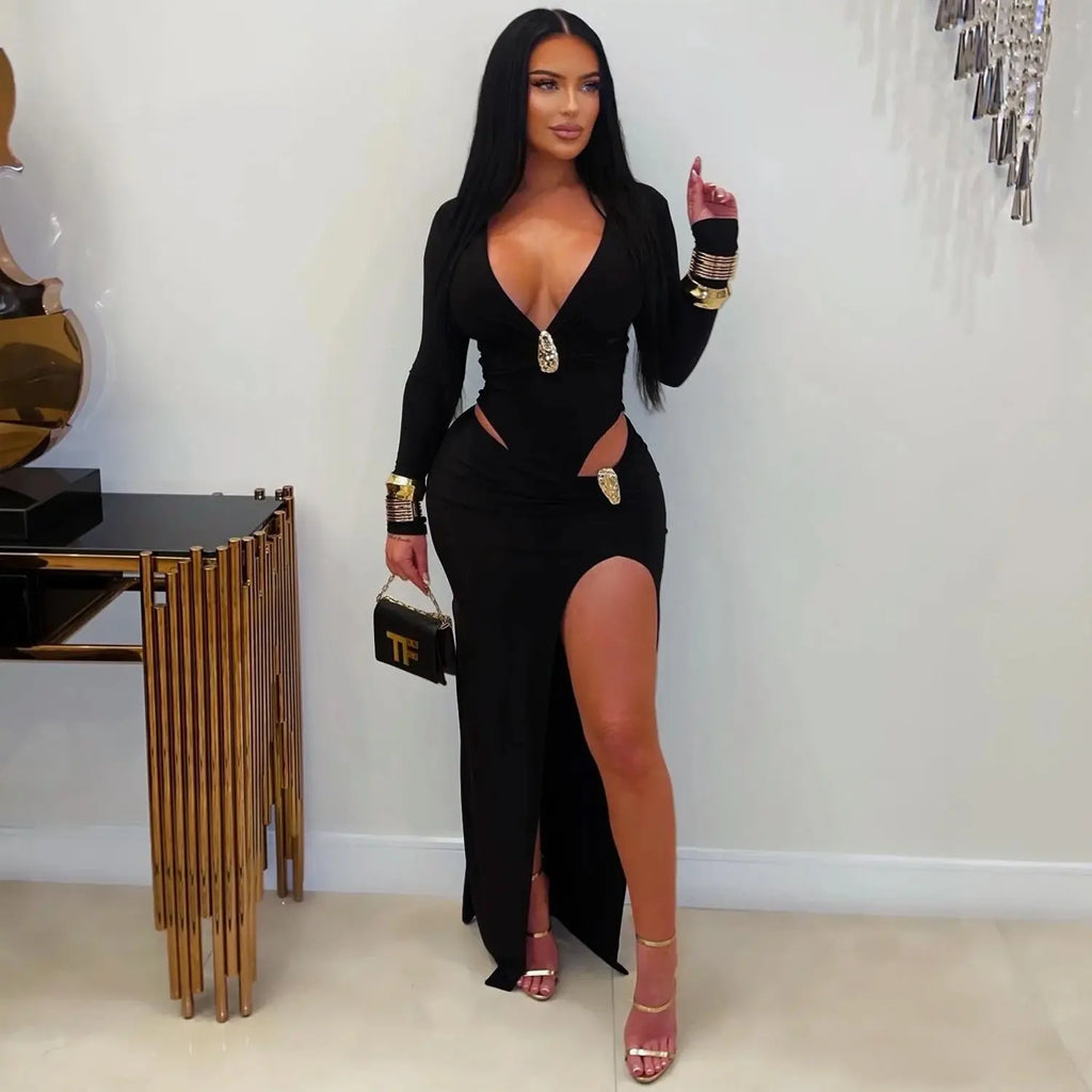 V-neck solid color long sleeved hip hugging dress eprolo