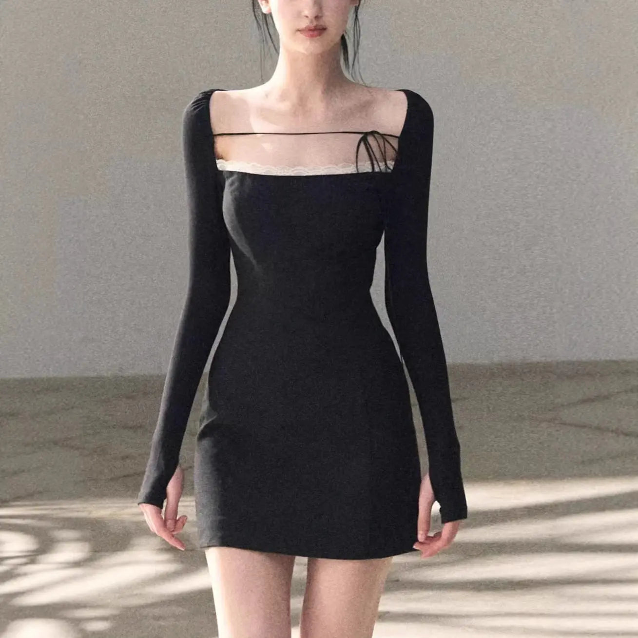 Sexy Black Fitted Long Sleeve Dress for Women  Slim Short Dress eprolo