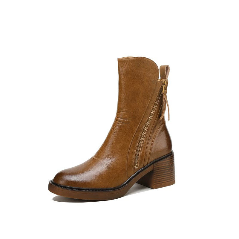 Round headed double zipper thick heel sponge bottom brown retro Martin boots for women eprolo