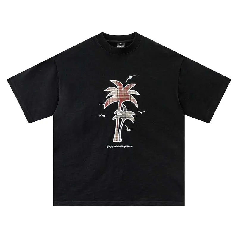 Coconut tree plaid cloth embroidered short sleeved t-shirt eprolo