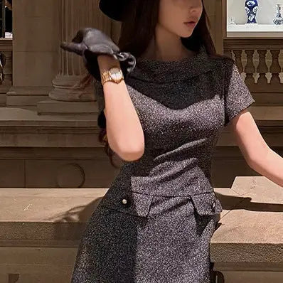 Hepburn Style Tailored Slim-Fitting Dress Elegant Boat Neck Black Dress eprolo
