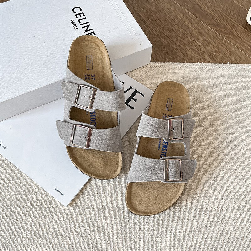 Leather flat bottomed Buchen slippers for women's doubles with button up two character slippers eprolo