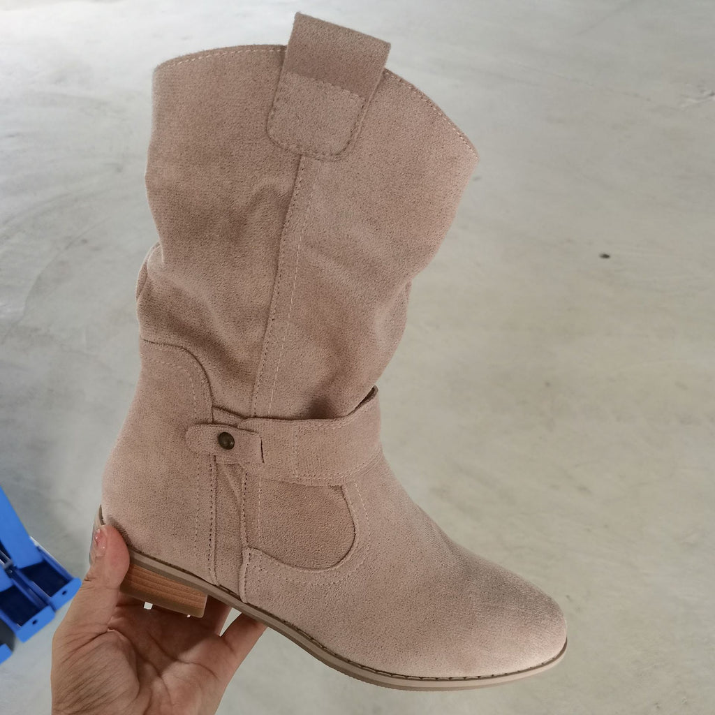 Low heeled square heeled suede pleated low cut boots eprolo