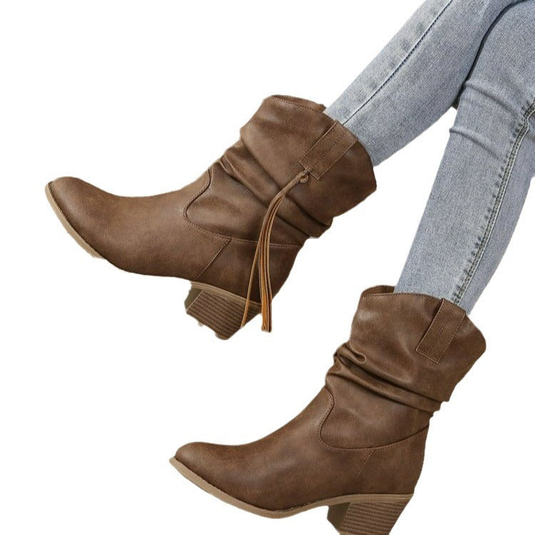 Middle heel boots with pleats middle tube stacked boots with tassels eprolo