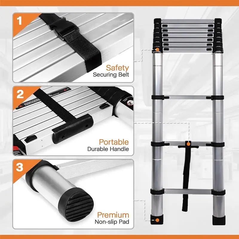 Heavy-Duty Stainless Steel Telescoping Ladder, 2.6-6.3M (8.5-20.7ft) 330lb Load, Anti-Slip Lock, for Home/RV/Attic, Room Decor eprolo