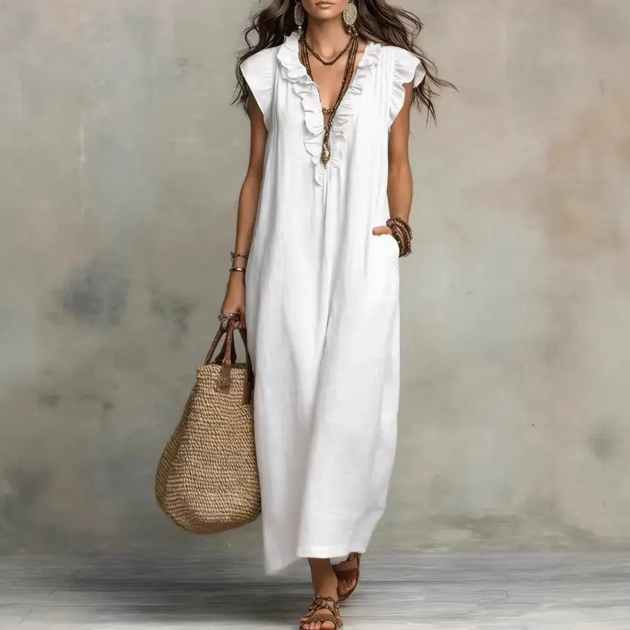 Solid color sleeveless V-neck vacation long dress eprolo