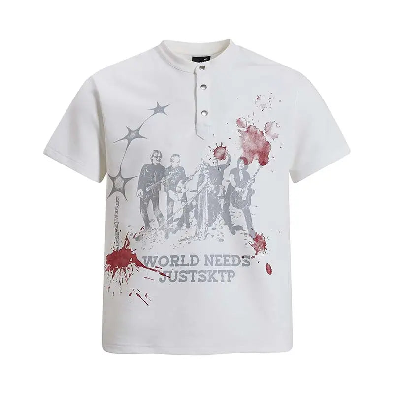 Rock singer letter print single row button short sleeved shirt eprolo