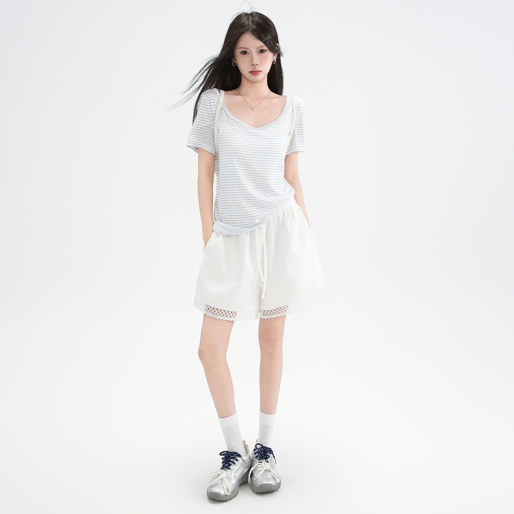 blue and white striped off-shoulder design short sleeve T-shirt for women eprolo