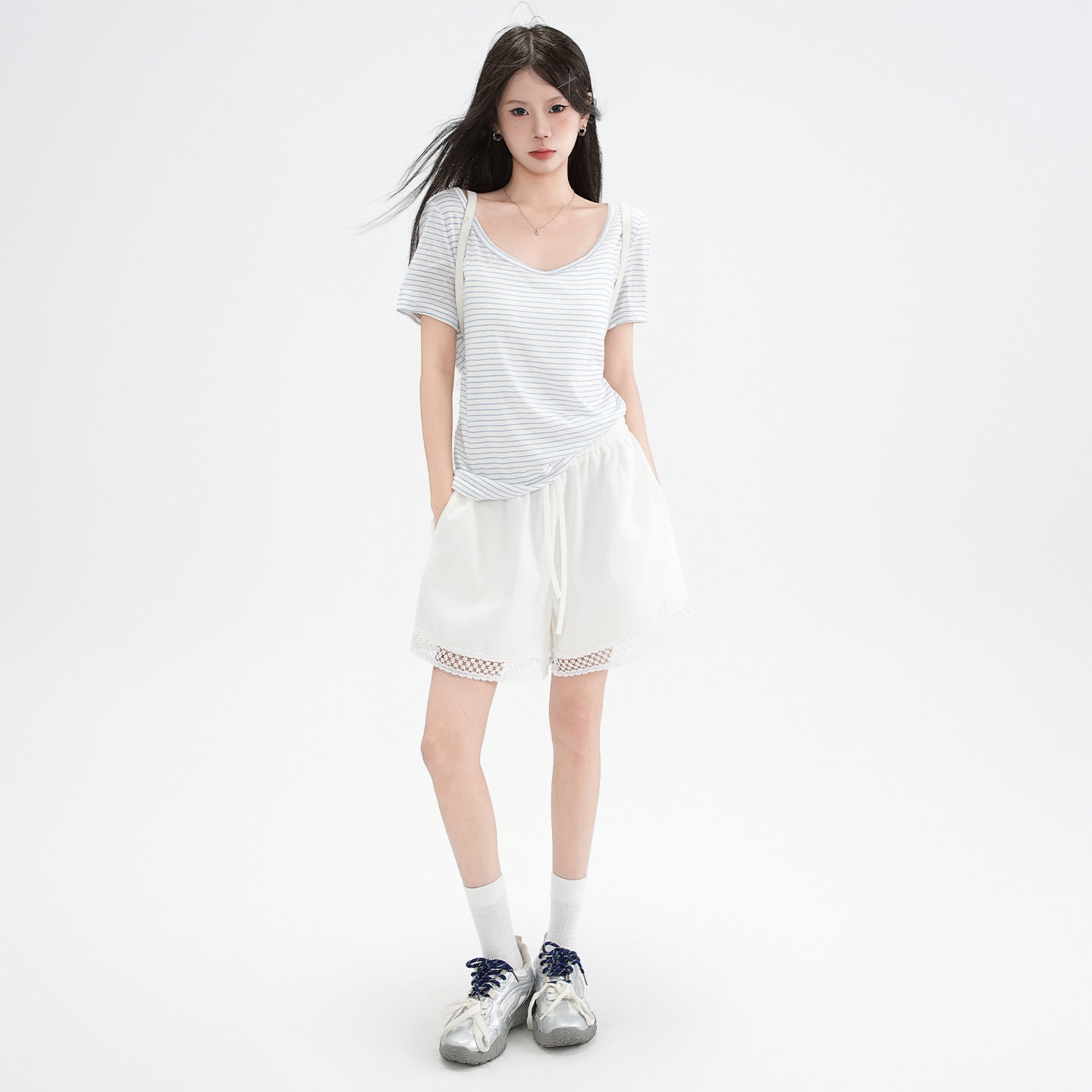 blue and white striped off-shoulder design short sleeve T-shirt for women eprolo