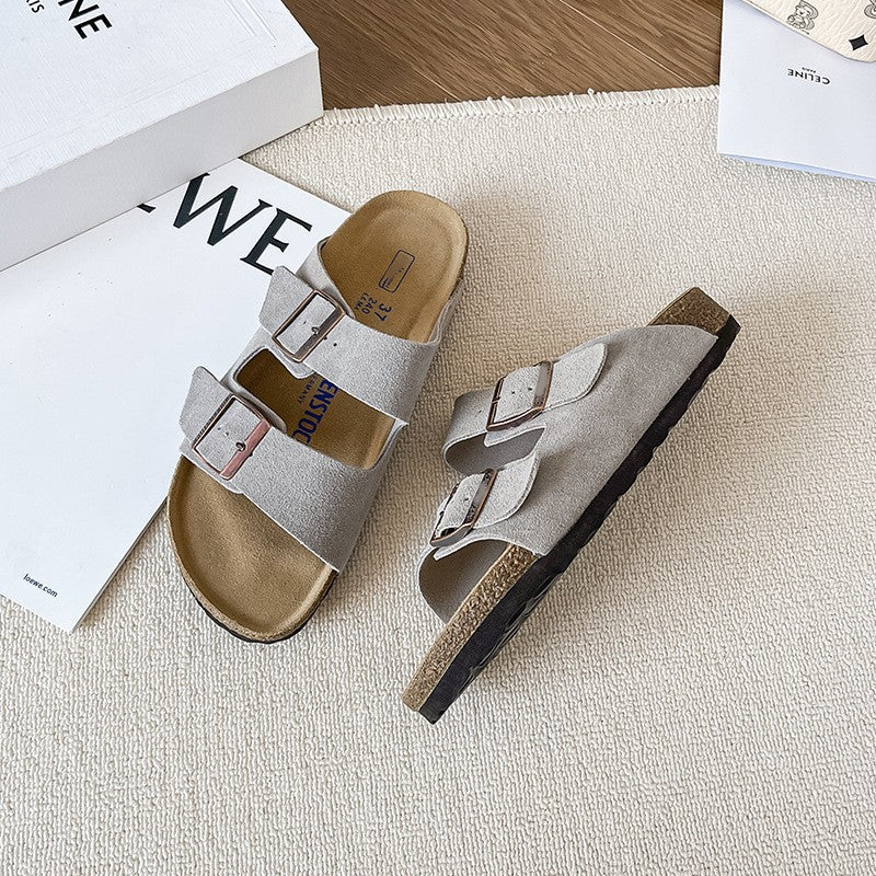 Leather flat bottomed Buchen slippers for women's doubles with button up two character slippers eprolo