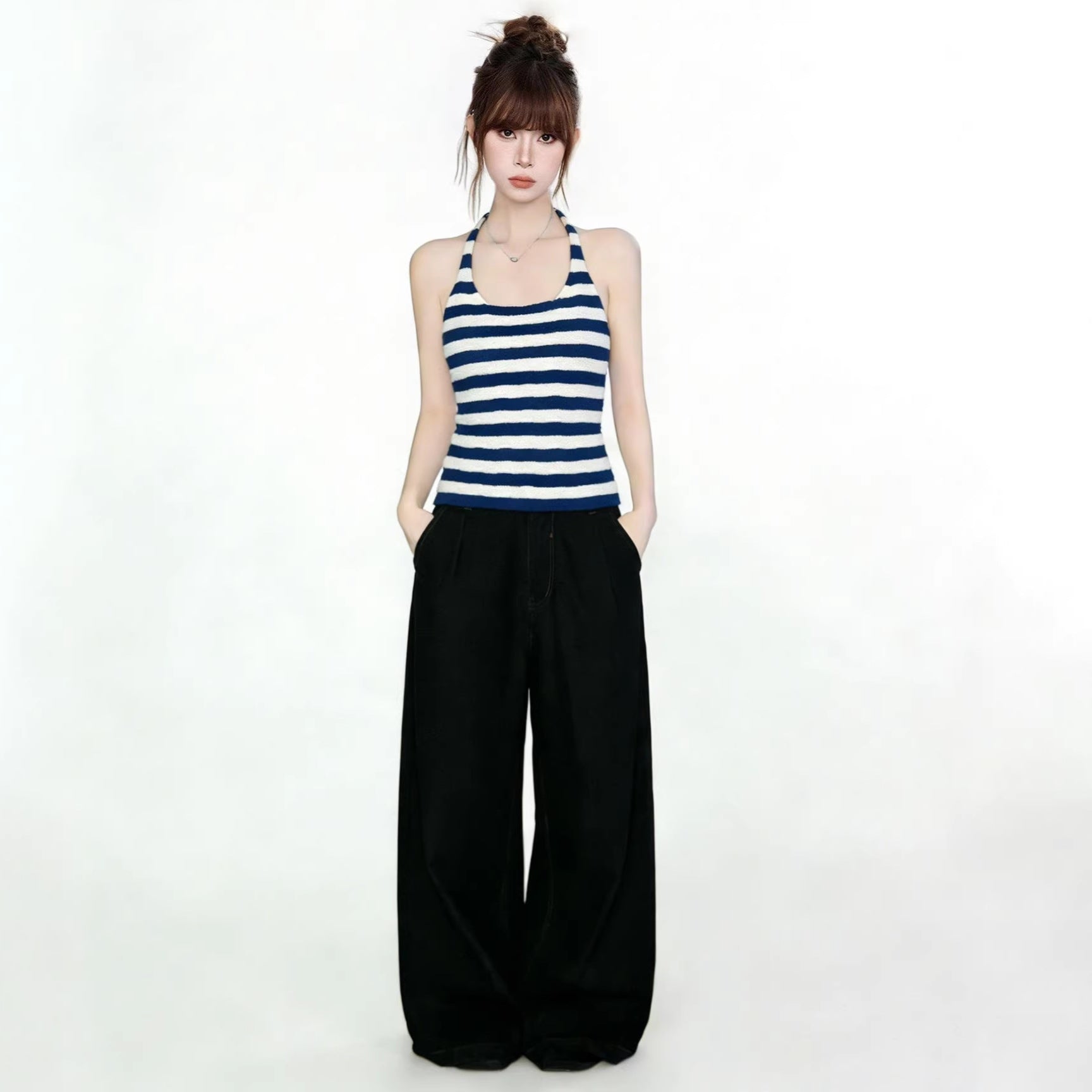 Blue and White Stripe Crop Top for Women, Knit Halter Neck Sleeveless Vest eprolo