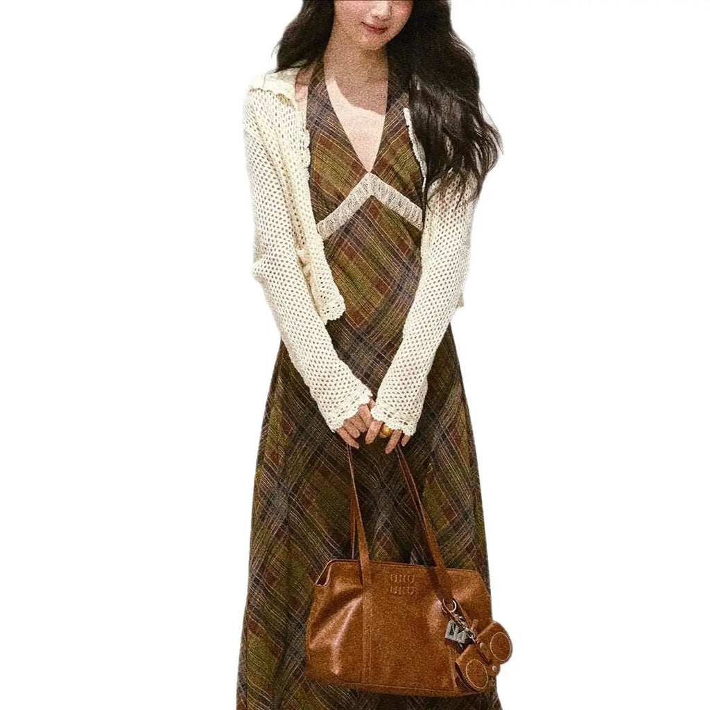 Lace Spliced Chiffon Plaid Strapless Dress with Slimming Effect eprolo