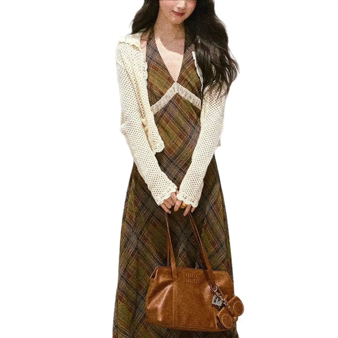 Lace Spliced Chiffon Plaid Strapless Dress with Slimming Effect eprolo