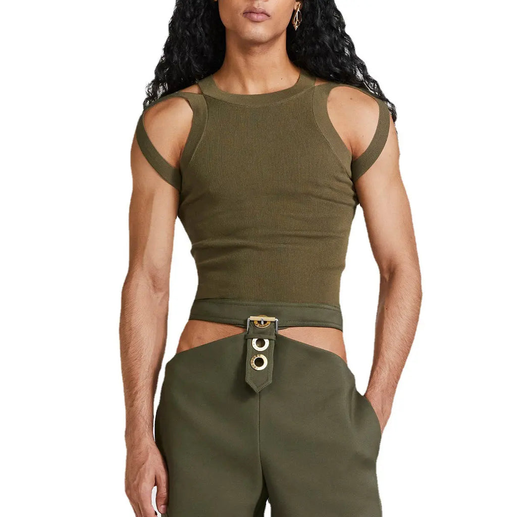 Individualist Strap Double-Strap Hollow Knit Vest Elastic Fitted Top, Unique Design Sense T-Shirt for Men eprolo
