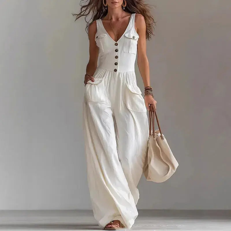Pocket V-neck button vest jumpsuit for women eprolo