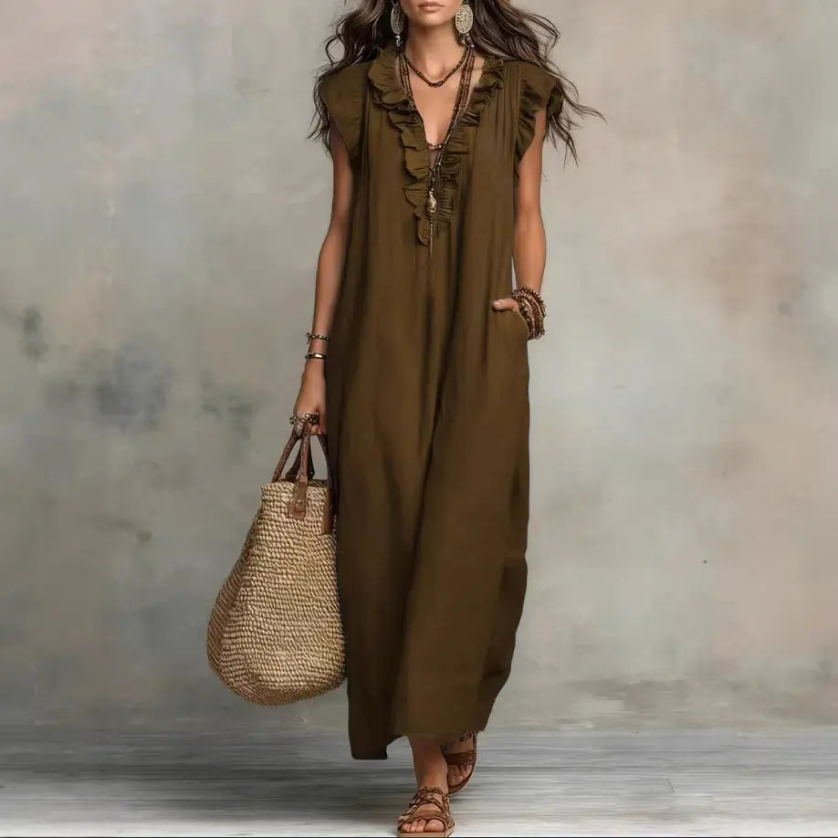 Solid color sleeveless V-neck vacation long dress eprolo