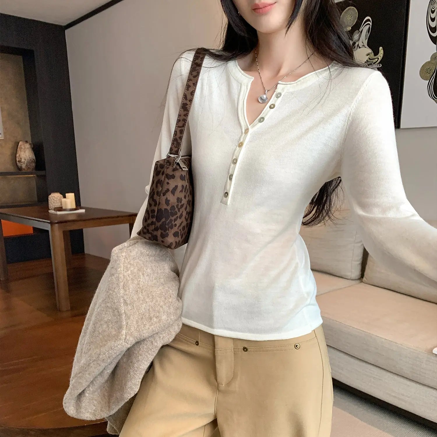 Henry Neck Long Sleeve Inner Layer Women's T-Shirt,  Slim Fit, Charming Half-Open Collar Top eprolo