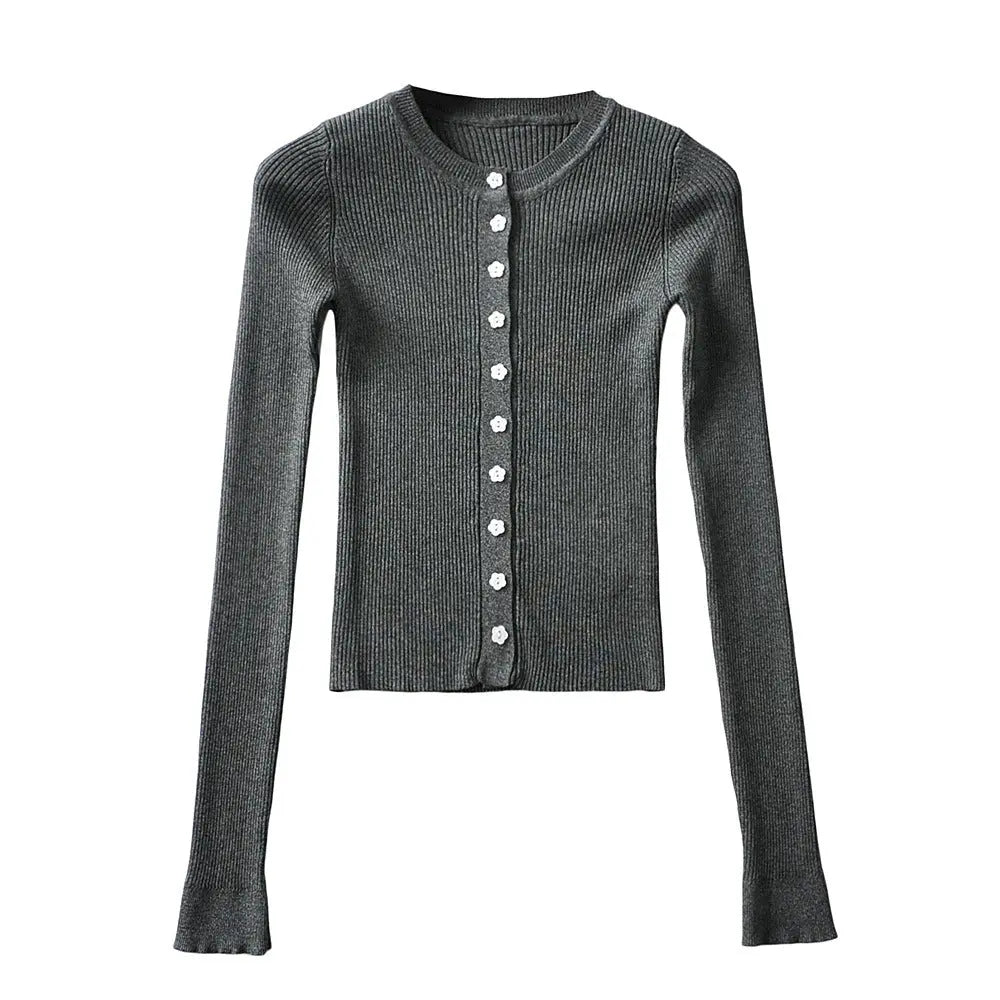 Round neck buckle long sleeved elastic slim fit top eprolo