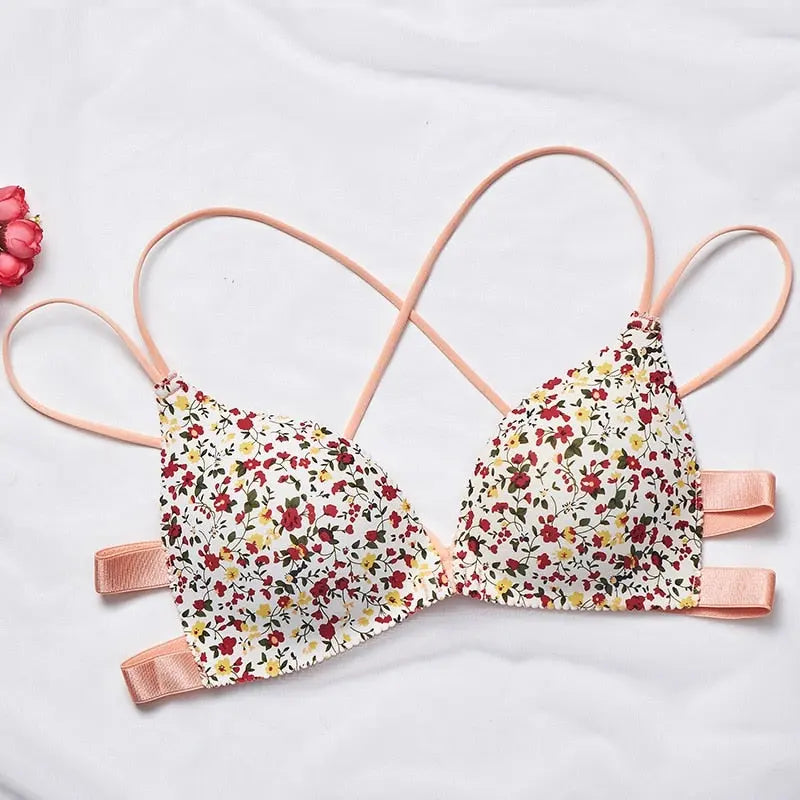 Fashion Floral Print Bra Front Buckle Underwear Seamless Cross Back Women Push Up Bras eprolo