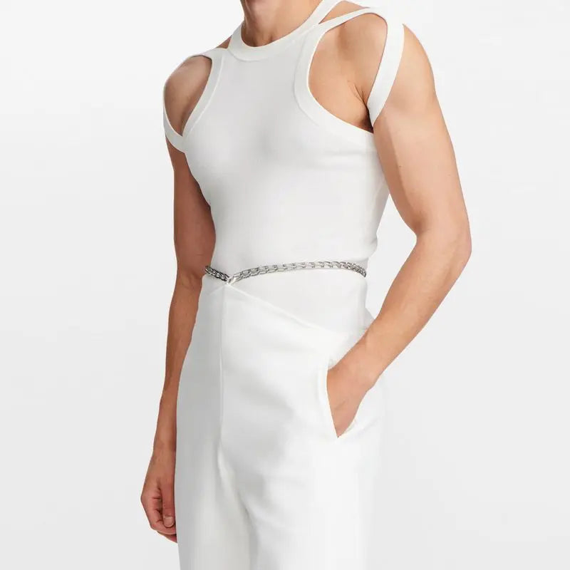 Individualist Strap Double-Strap Hollow Knit Vest Elastic Fitted Top, Unique Design Sense T-Shirt for Men eprolo