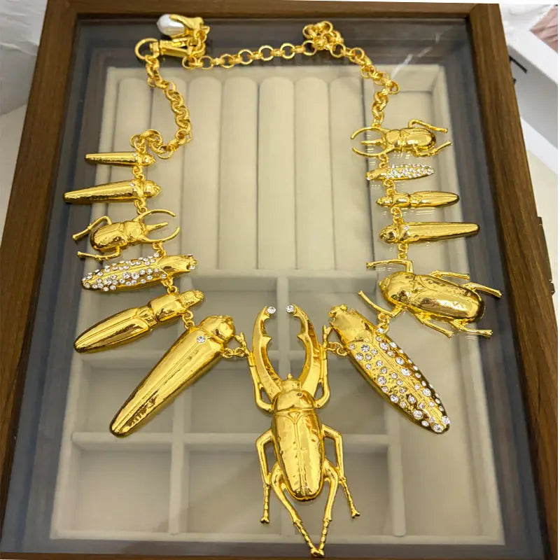 Heavy-Duty Exaggerated Hammered Texture Sparkling Rhinestone Insect Series Statement Choker Necklace eprolo