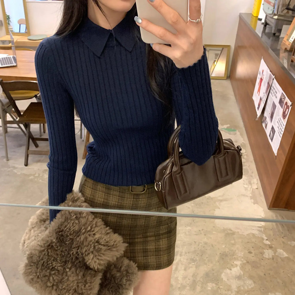 Pique Collar Slim Fit Inner Layer Apricot Knit Top for Women Polo Shirt Elegant Blouse eprolo
