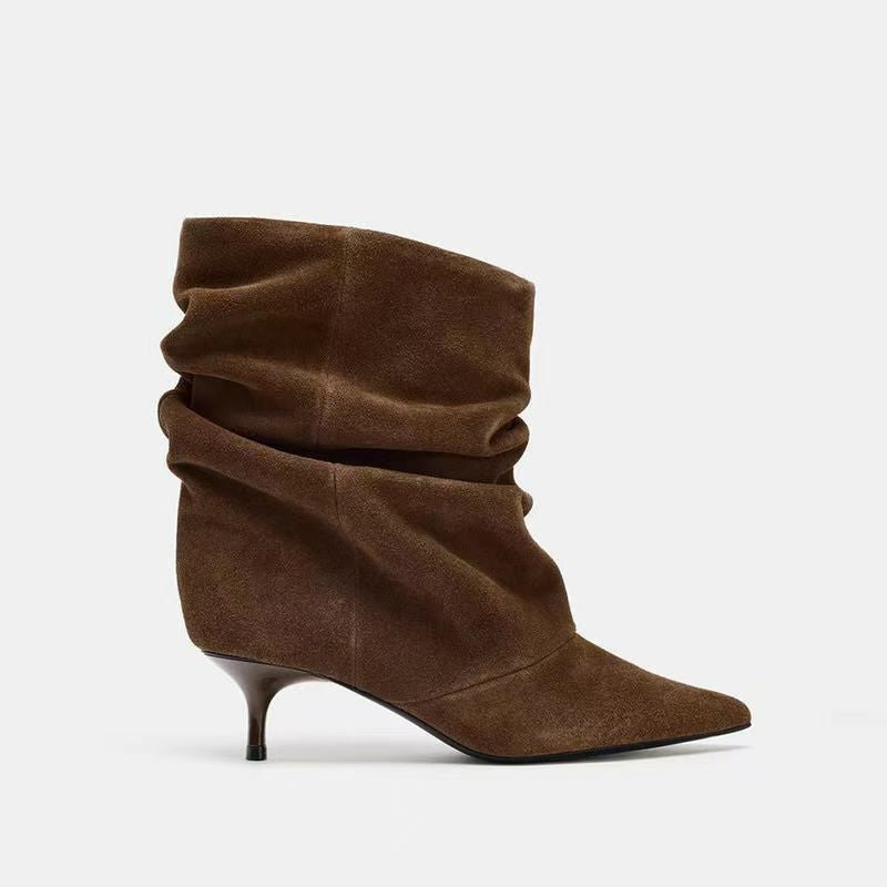 Pleated Mid-Calf Boots for Women Pointed Toe Medium Heel Velvet Boots eprolo