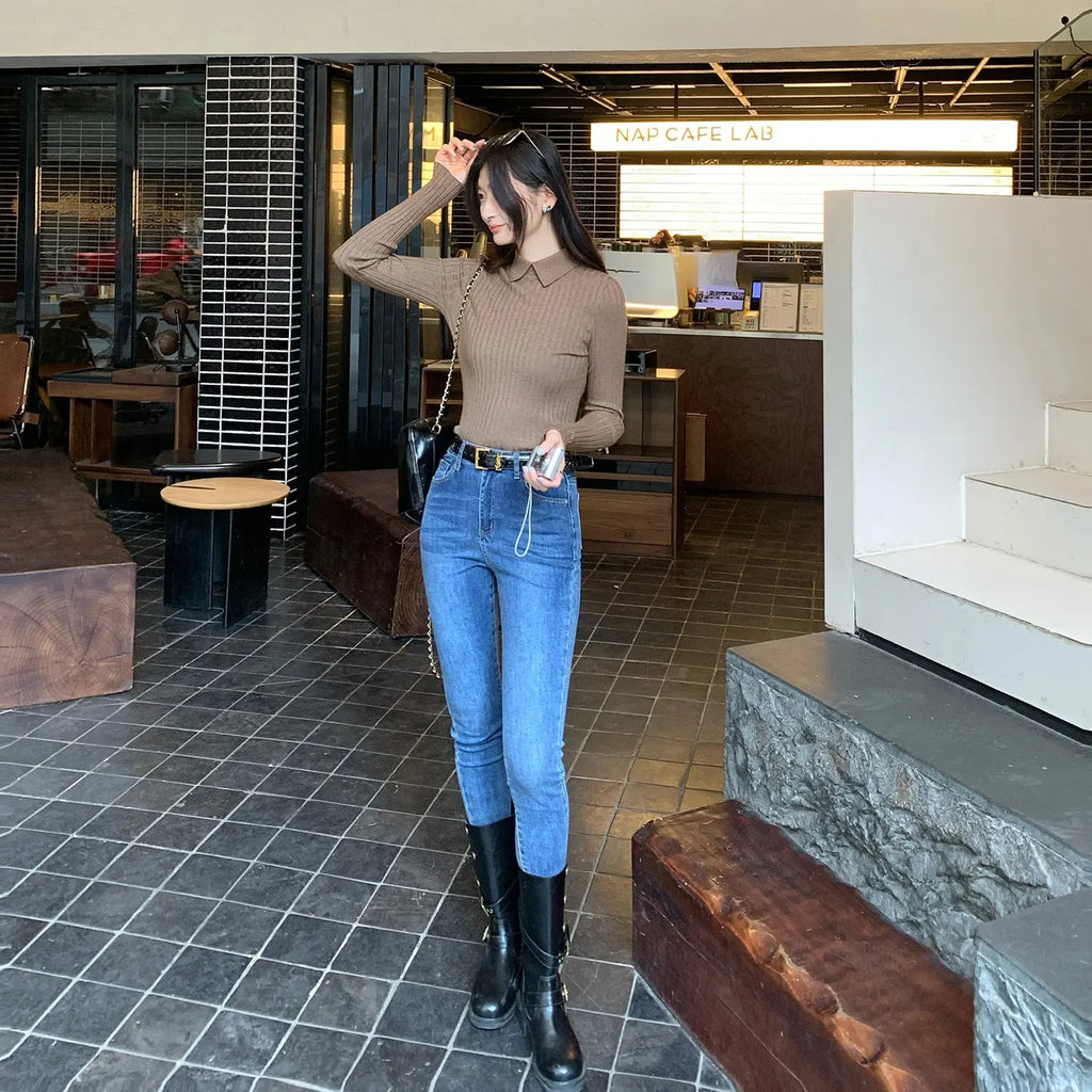Pique Collar Slim Fit Inner Layer Apricot Knit Top for Women Polo Shirt Elegant Blouse eprolo
