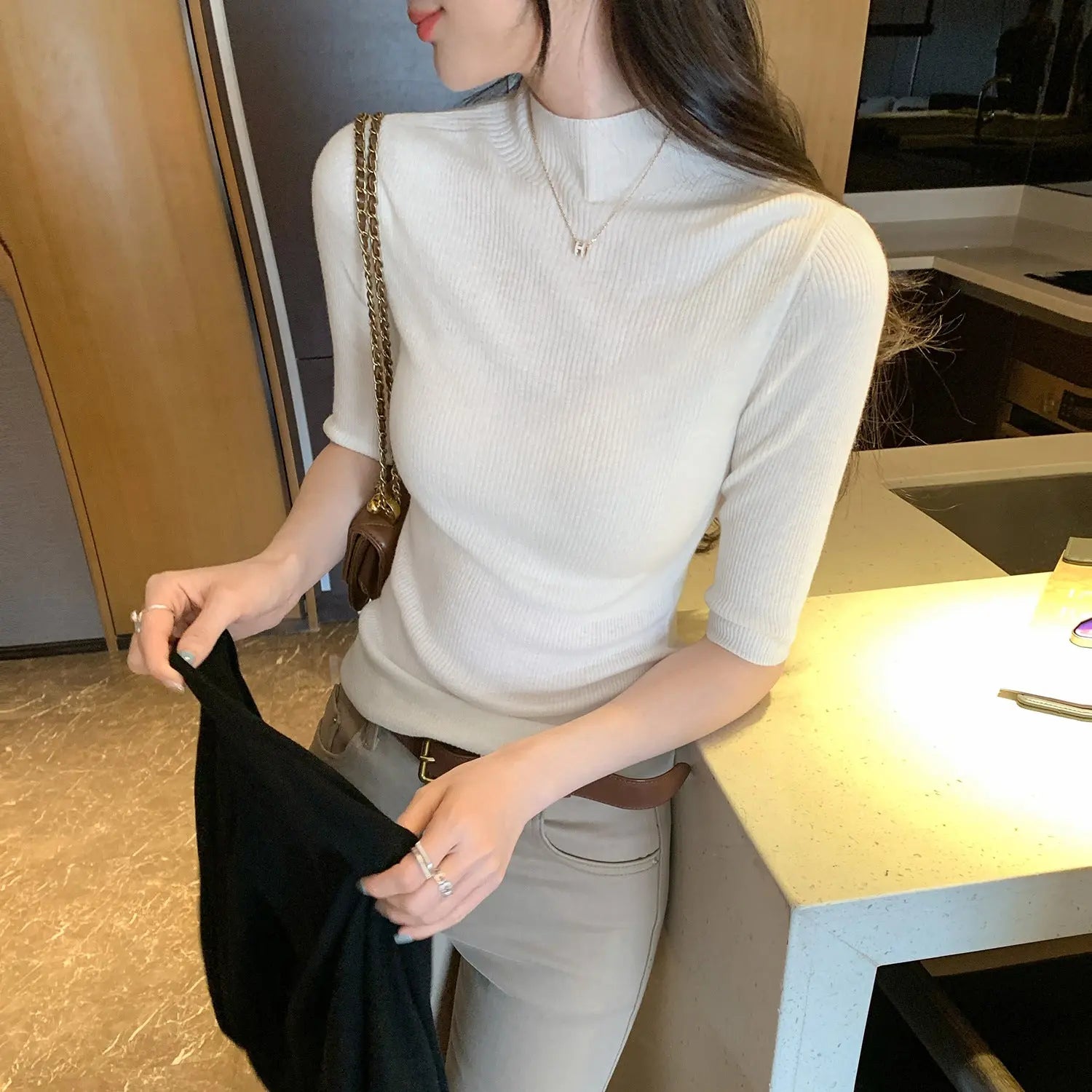 Semi-High Neck Knitted Short Sleeve Bodysuit for Women, Slim Fit, Elegant, Five-Quarter Sleeve Wool Top eprolo