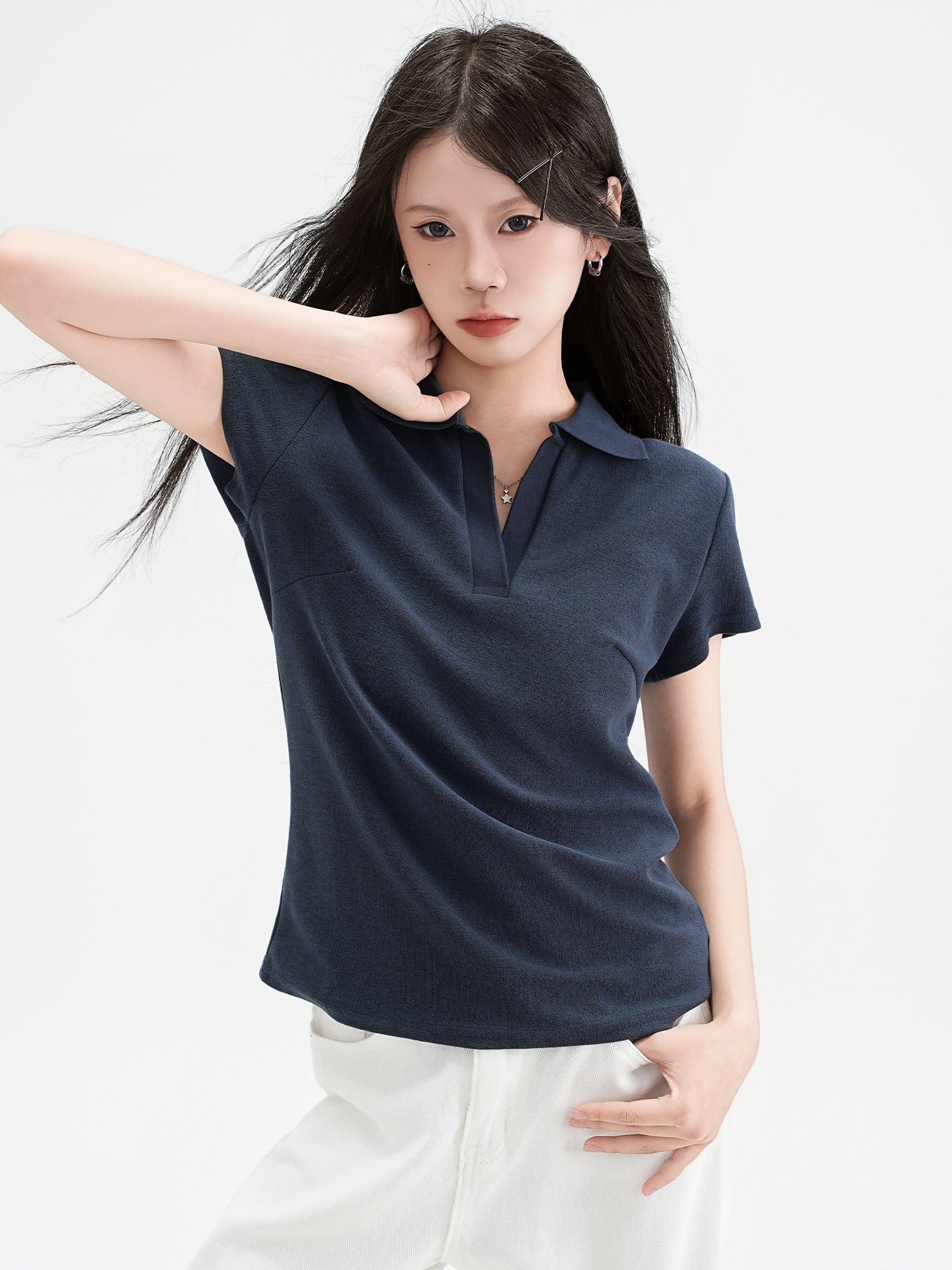 Chic Polo Collar Straight Shoulder Short Sleeve T-Shirt for Women eprolo