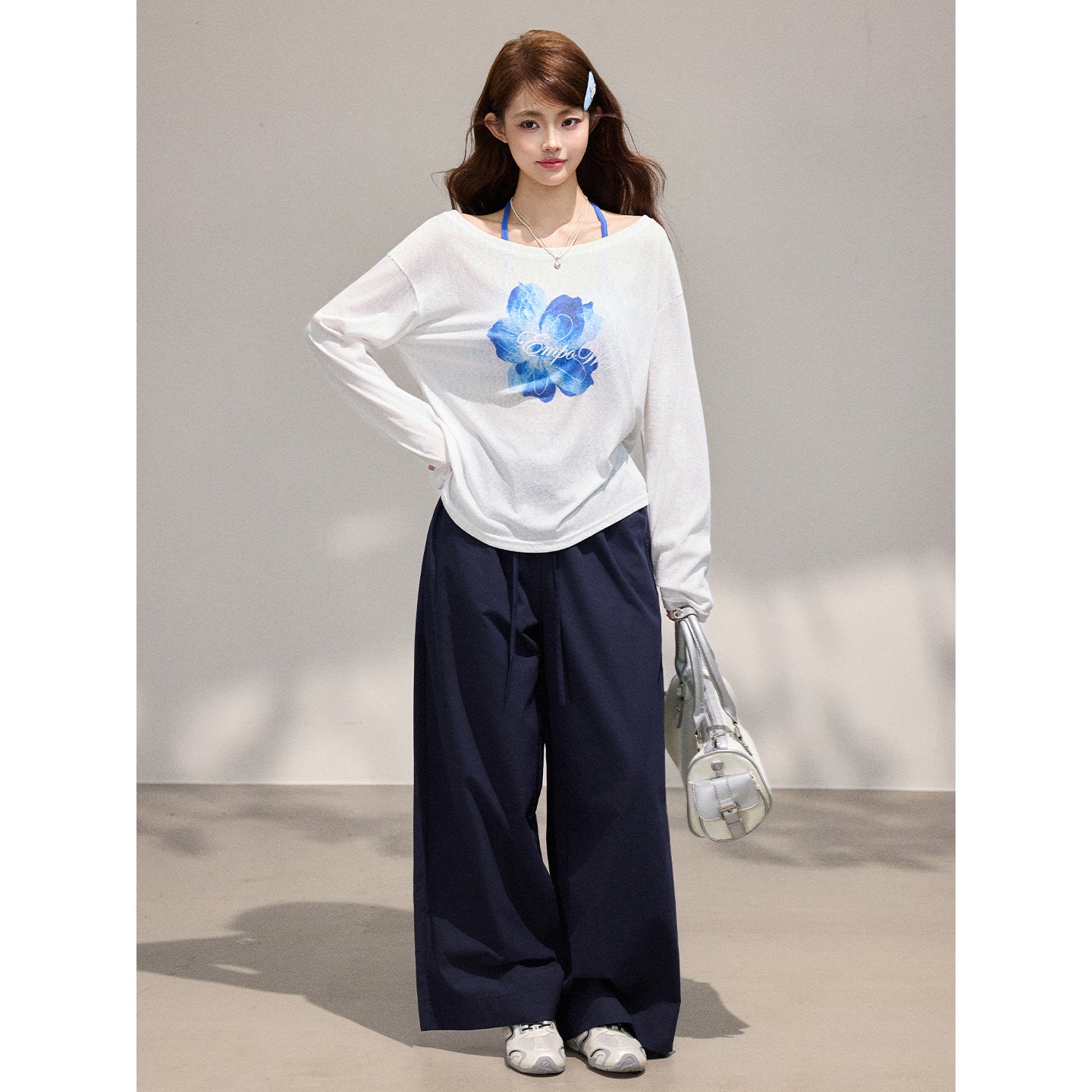 Long Sleeve Cardigan for Women,  Two-Piece Set with Floral Print, Tencel Chiffon Off-Shoulder Top eprolo