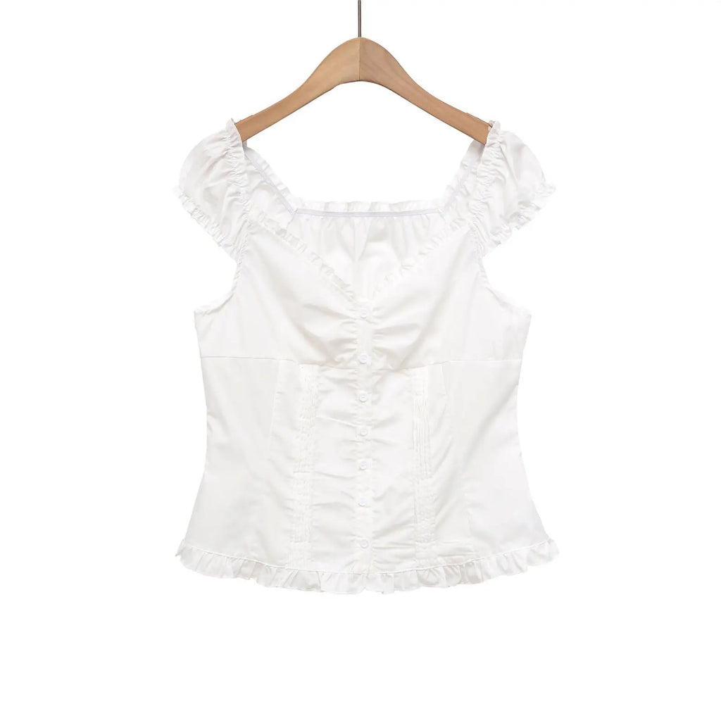 Solid Color Short Sleeve Button-Up Collar Women's Top eprolo
