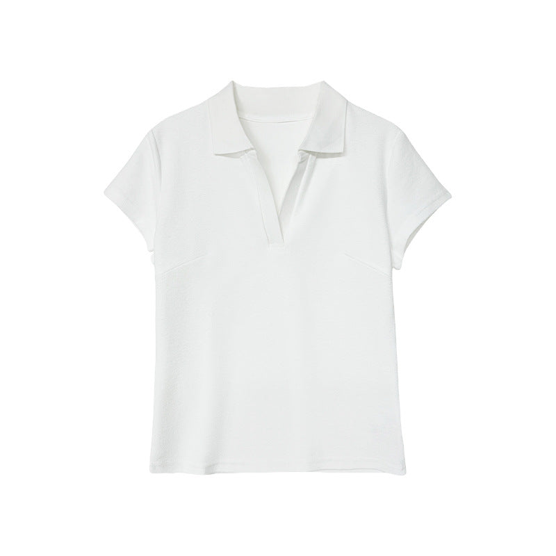 Chic Polo Collar Straight Shoulder Short Sleeve T-Shirt for Women eprolo
