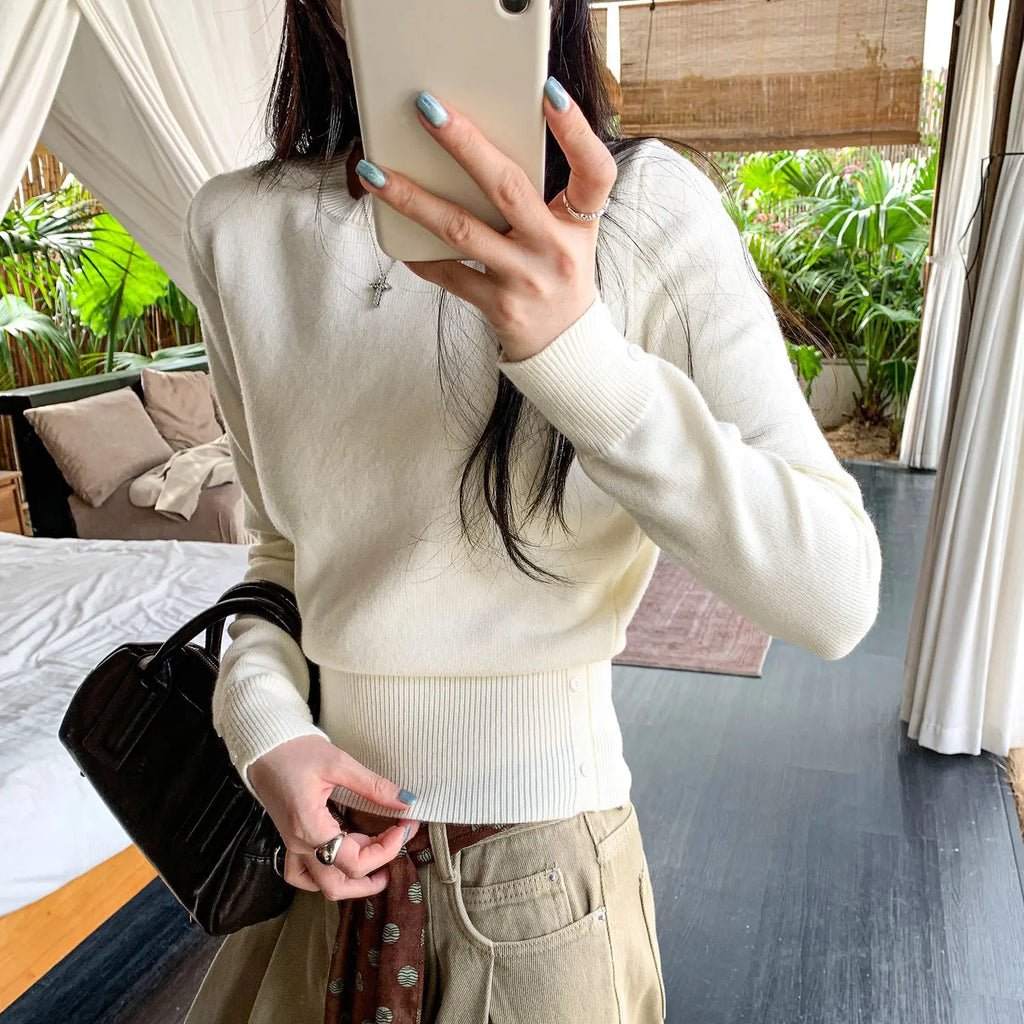 Soft Pink Round Neck Knit Top for Women, Fitted Slim Fit, Short Length Innerwear Sweater eprolo