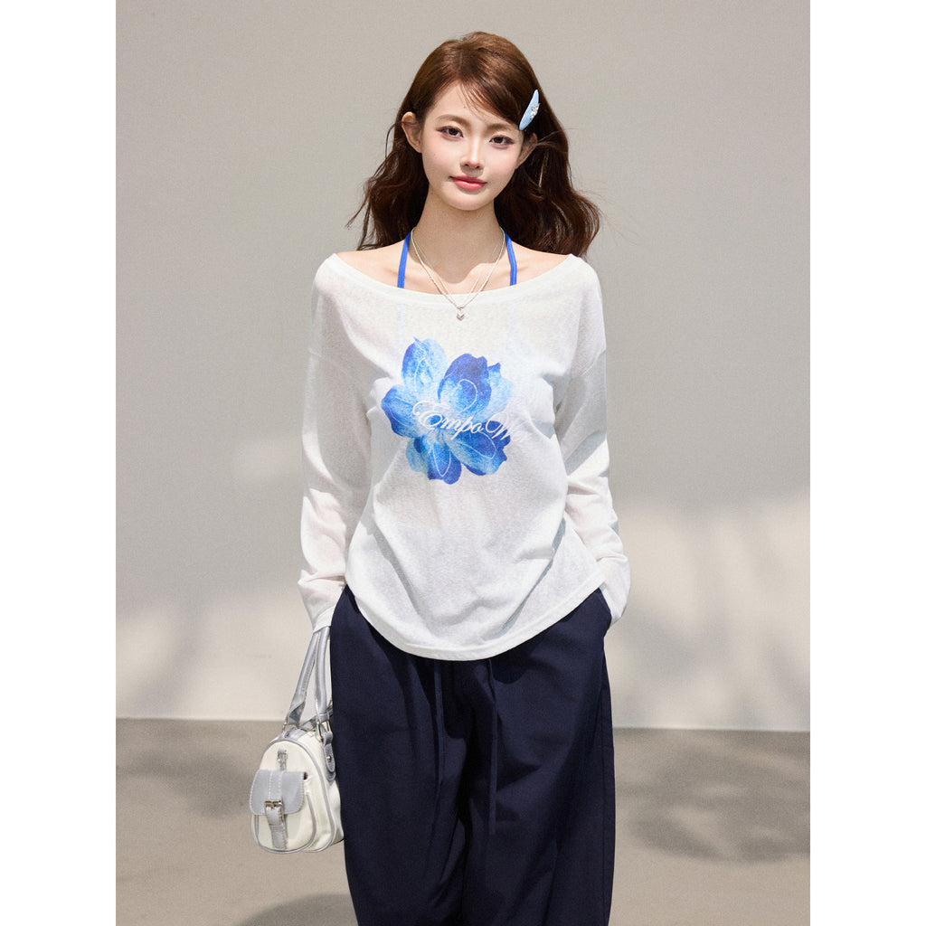 Long Sleeve Cardigan for Women,  Two-Piece Set with Floral Print, Tencel Chiffon Off-Shoulder Top eprolo