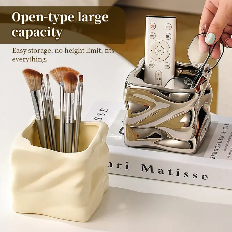Ceramic Wavy Makeup Brush Holder - Dual-Use Minimalist Storage Jar for Vanity & Office Desk Organizer eprolo