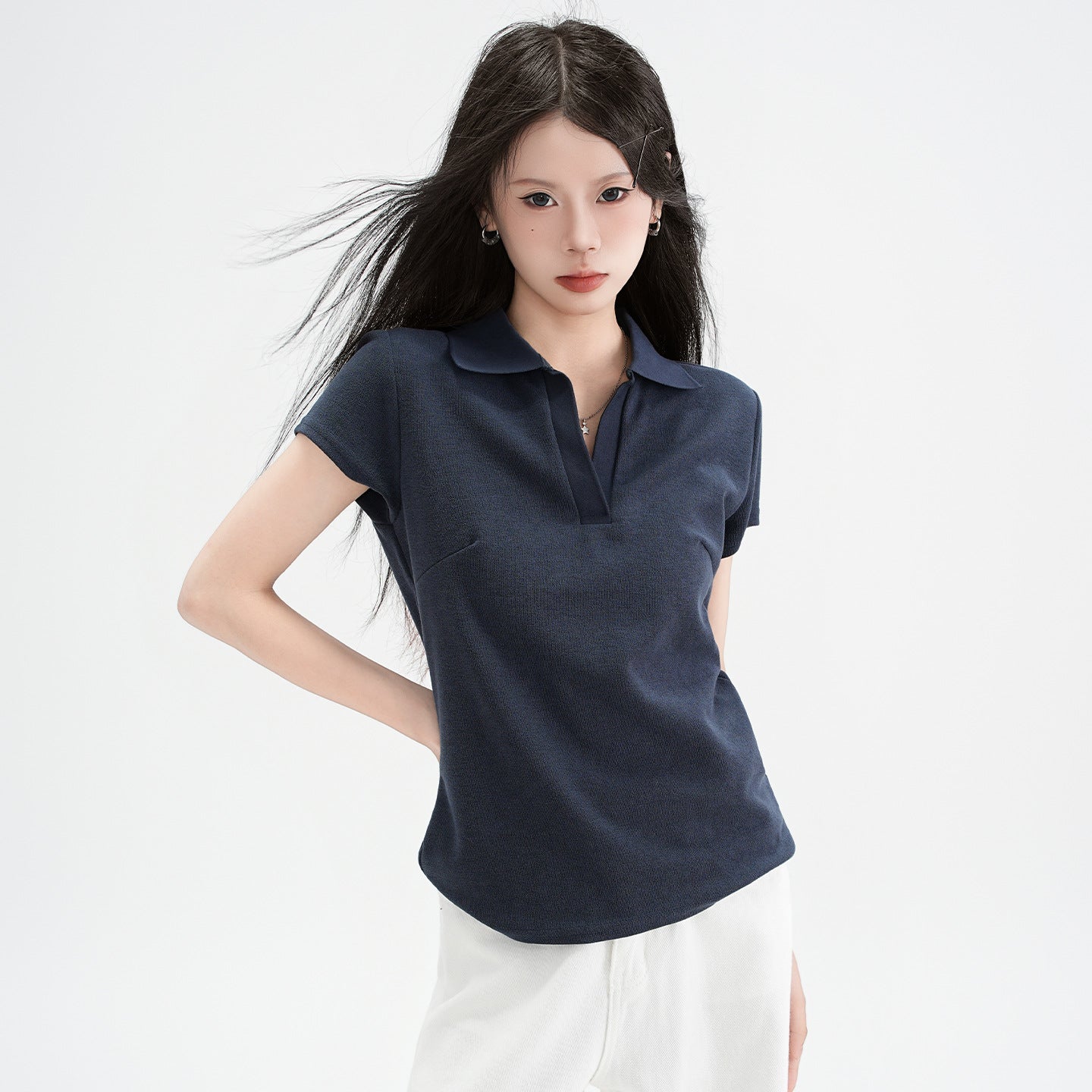 Chic Polo Collar Straight Shoulder Short Sleeve T-Shirt for Women eprolo