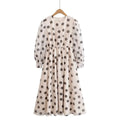 Polka dot print round neck bubble sleeves cinched waist jumpsuit long skirt eprolo