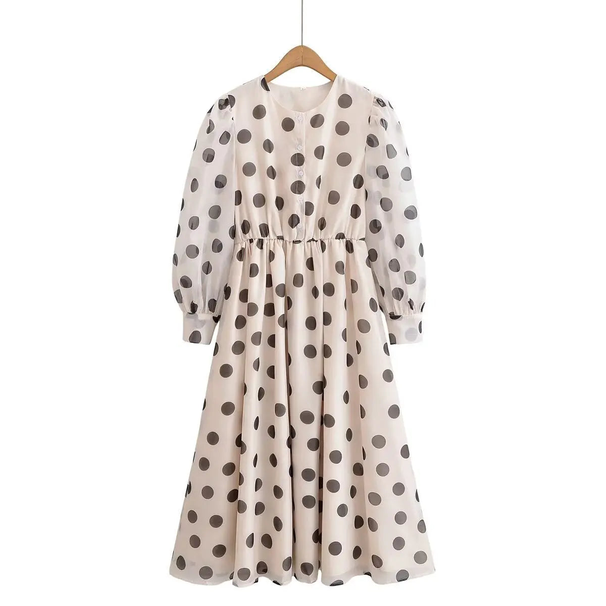 Polka dot print round neck bubble sleeves cinched waist jumpsuit long skirt eprolo