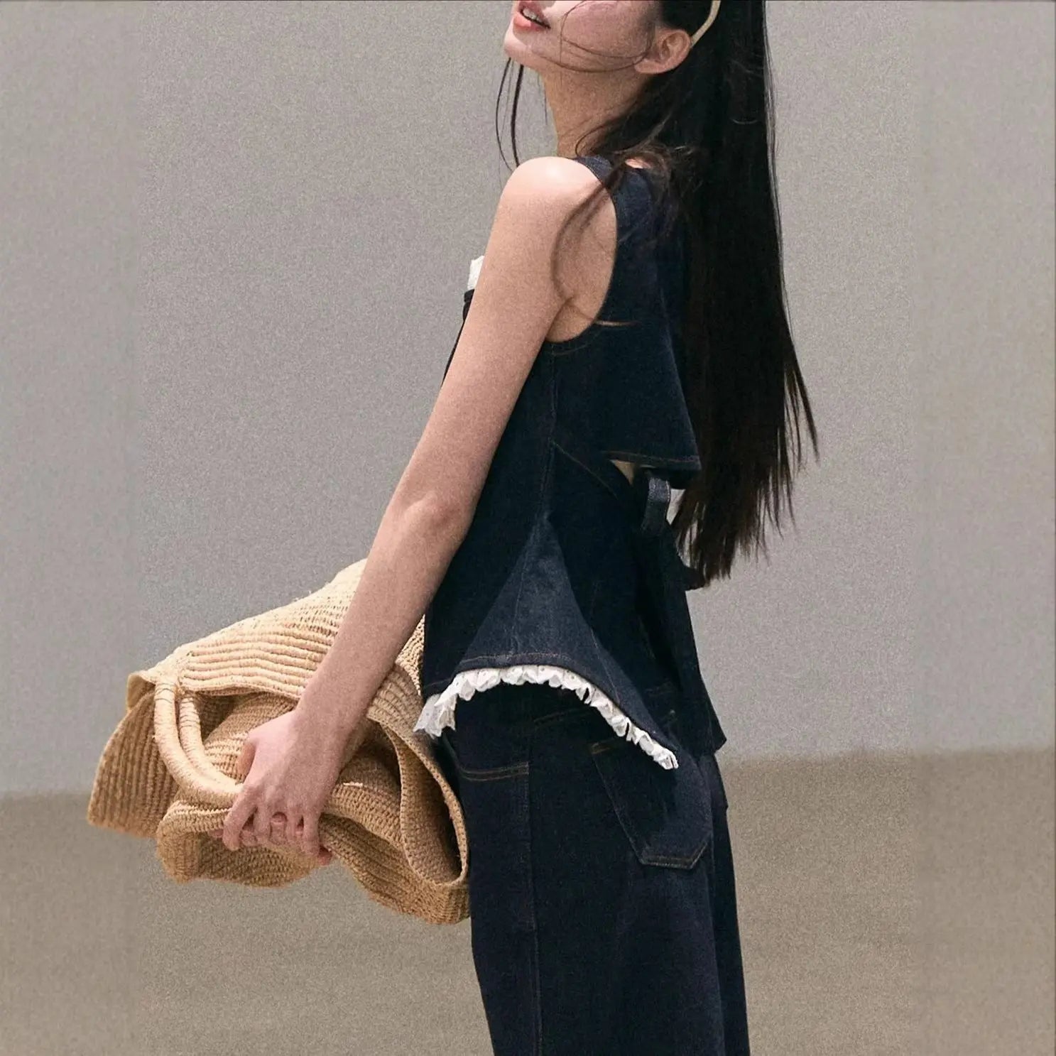 Bohemian Lace Denim Strap Wide-Leg Pants Set Sun-Kissed Look eprolo