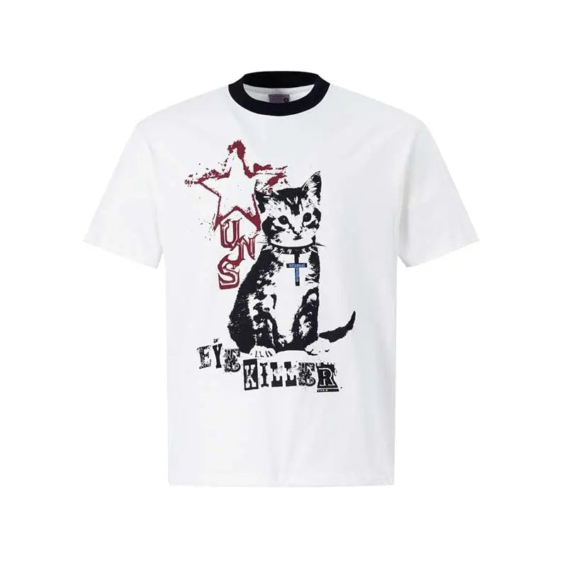 Cat print round neck short sleeved shirt eprolo